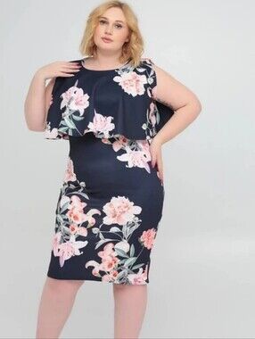 Quiz Navy Floral Flutter Sleeve Midi Dress Pink Floral Size Womens 14 NEW